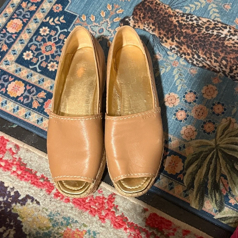 Prada Tan Leather Peep-Toe Espadrille Flats